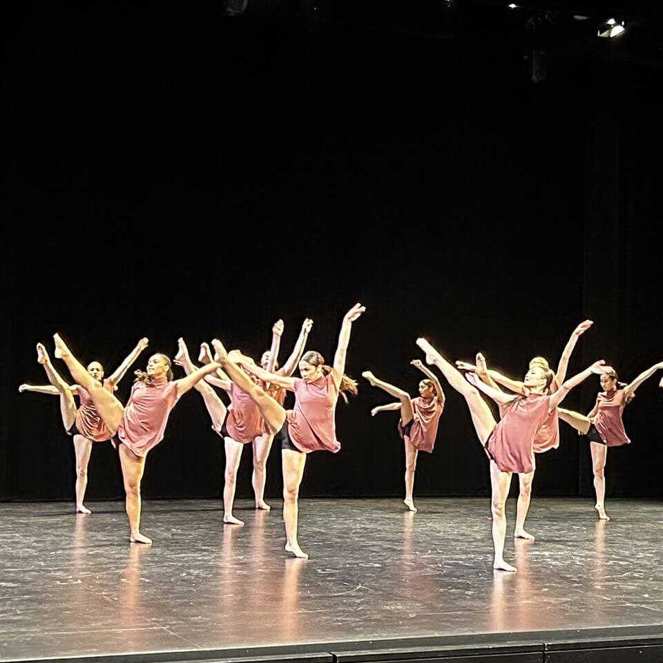 A group of dancers in matching mauve costumes perform on stage, each balancing on one leg with the other leg extended high, arms raised, against a dark background.