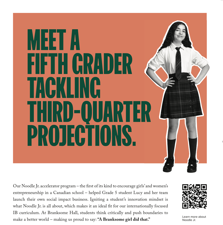A confident fifth-grade girl in a school uniform stands with hands on hips next to bold text: “Meet a fifth grader tackling third-quarter projections.” Background features a red rectangle and informational text below.