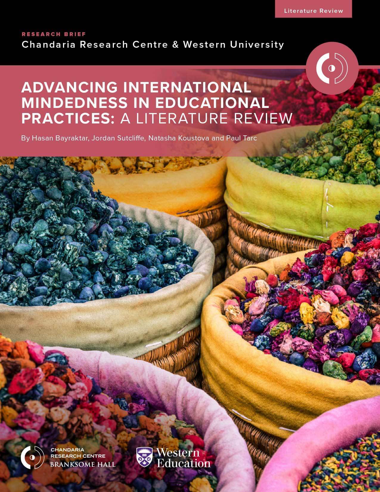 Baskets filled with colorful dried fruits or vegetables are displayed at a market. The image, overlaid with research brief text on global education for girls, features logos and highlights the IB Diploma Programme on an urban campus in Toronto.