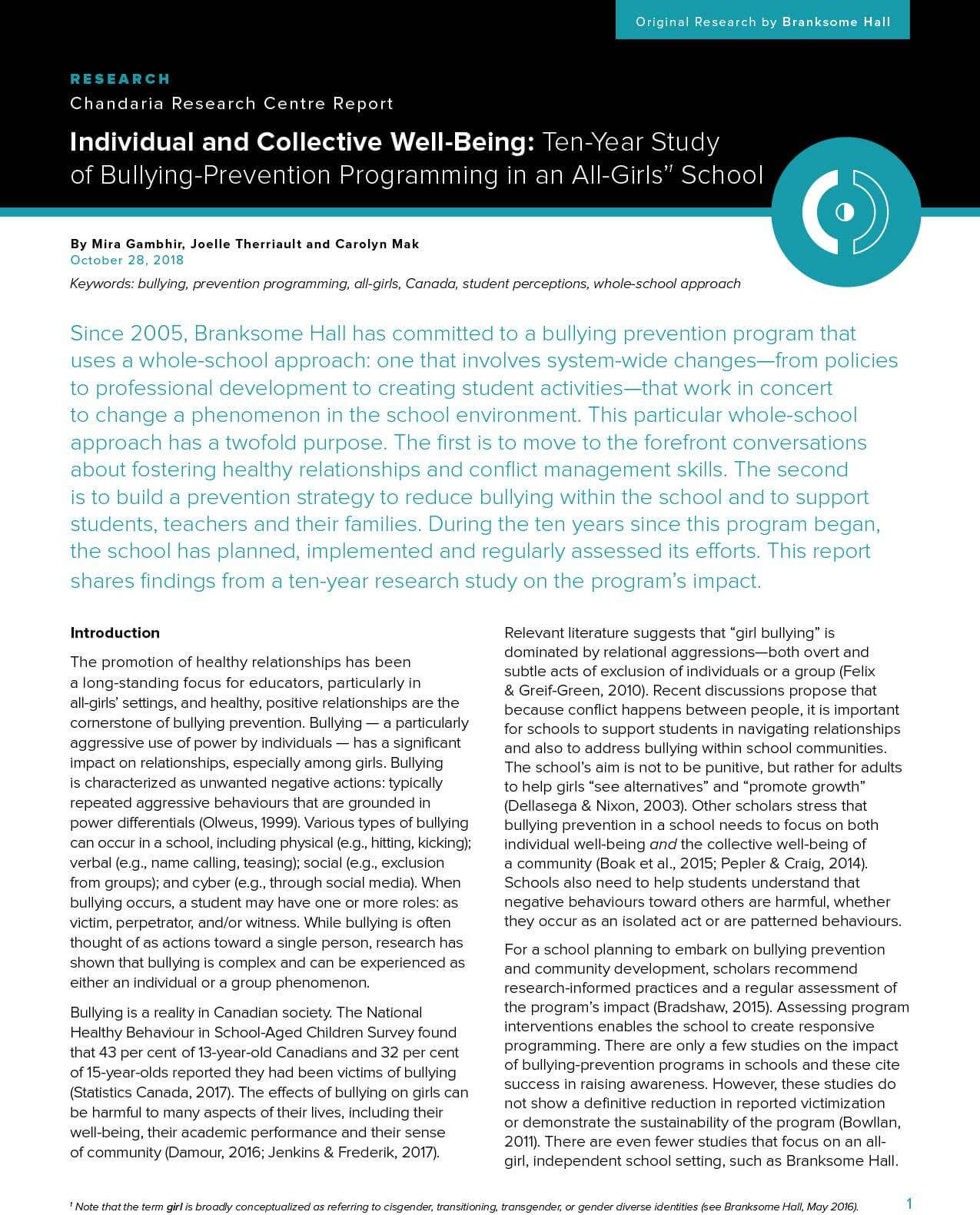 A research report titled "Individual and Collective Well-Being: Ten-Year Study of Bullying-Prevention Program in an All-Girls’ School" highlights Branksome Hall’s whole-school approach, supporting global education for girls and fostering a safe learning environment.