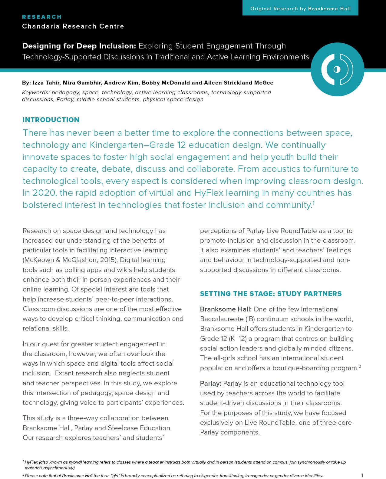 A research article discusses deep inclusion in education through technology-supported and active learning discussions, highlighting student engagement, innovation, scholarships for girls, and research at Chandaria Research Centre.