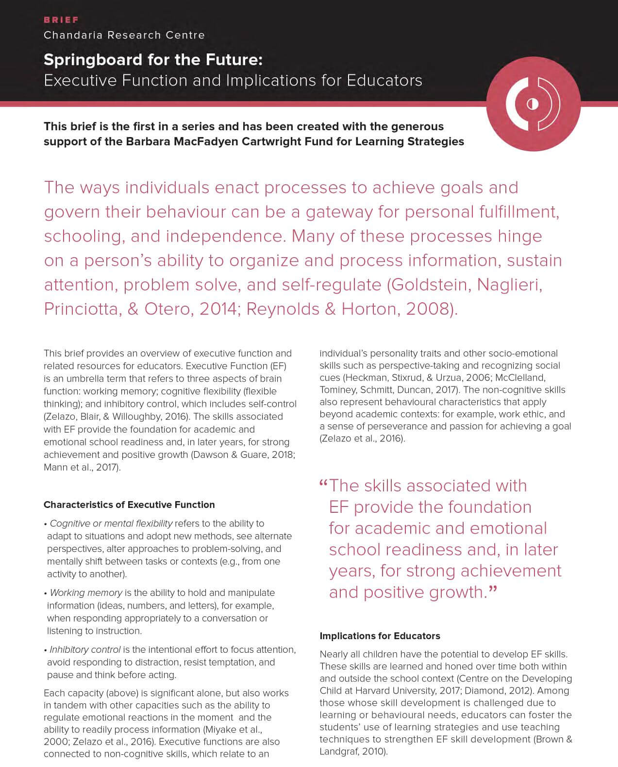 A research briefing from the Chandaria Research Centre discusses executive function and its importance for educators, highlighting skills like planning, focus, emotional regulation, and self-control. Scholarships for girls are also featured. A pink circle graphic decorates the page.