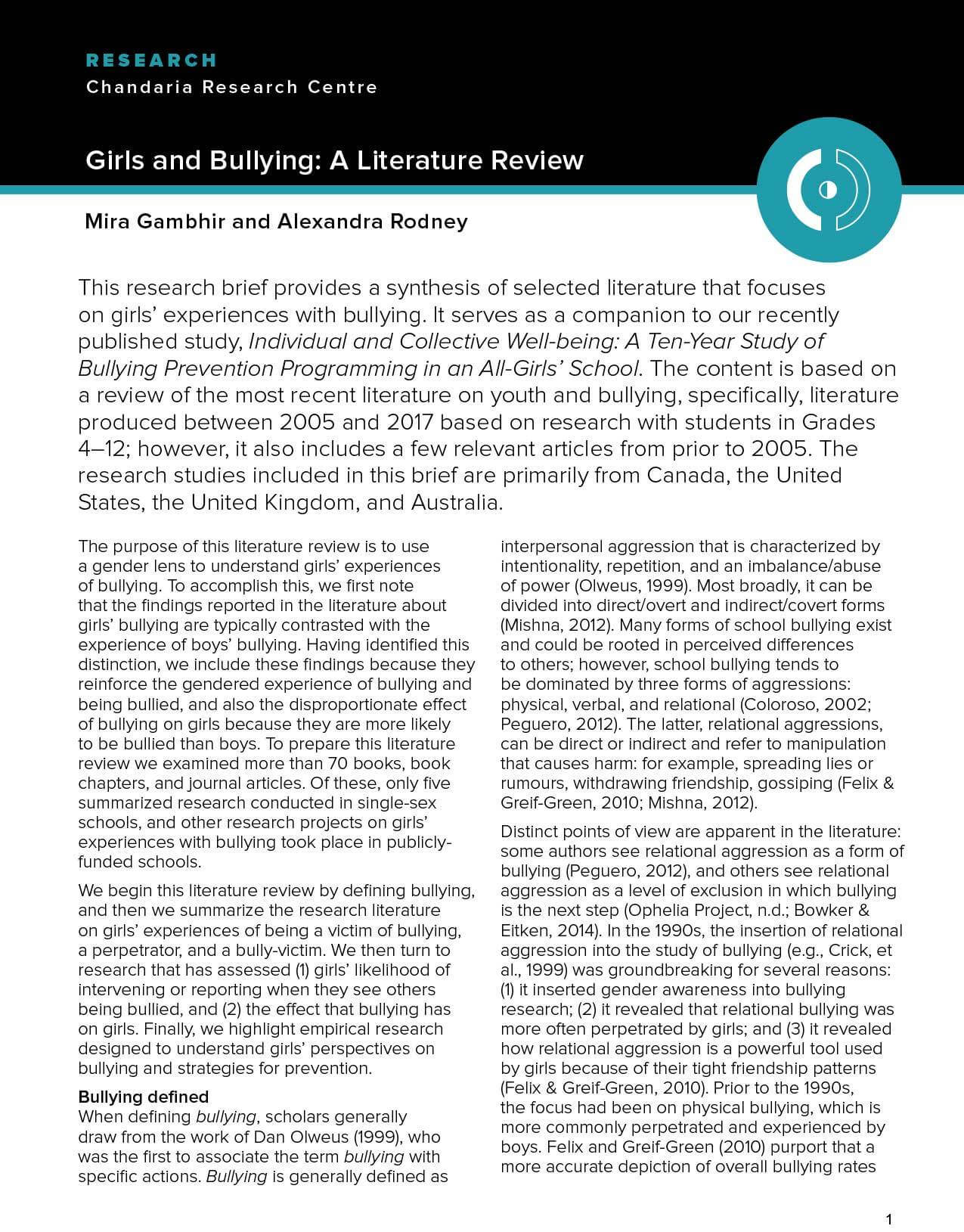 A research article titled "Girls and Bullying: A Literature Review" features findings on girls' bullying experiences, prevention programs, and literature sources from Canada, the US, the UK, and Australia—key insights for global education for girls.