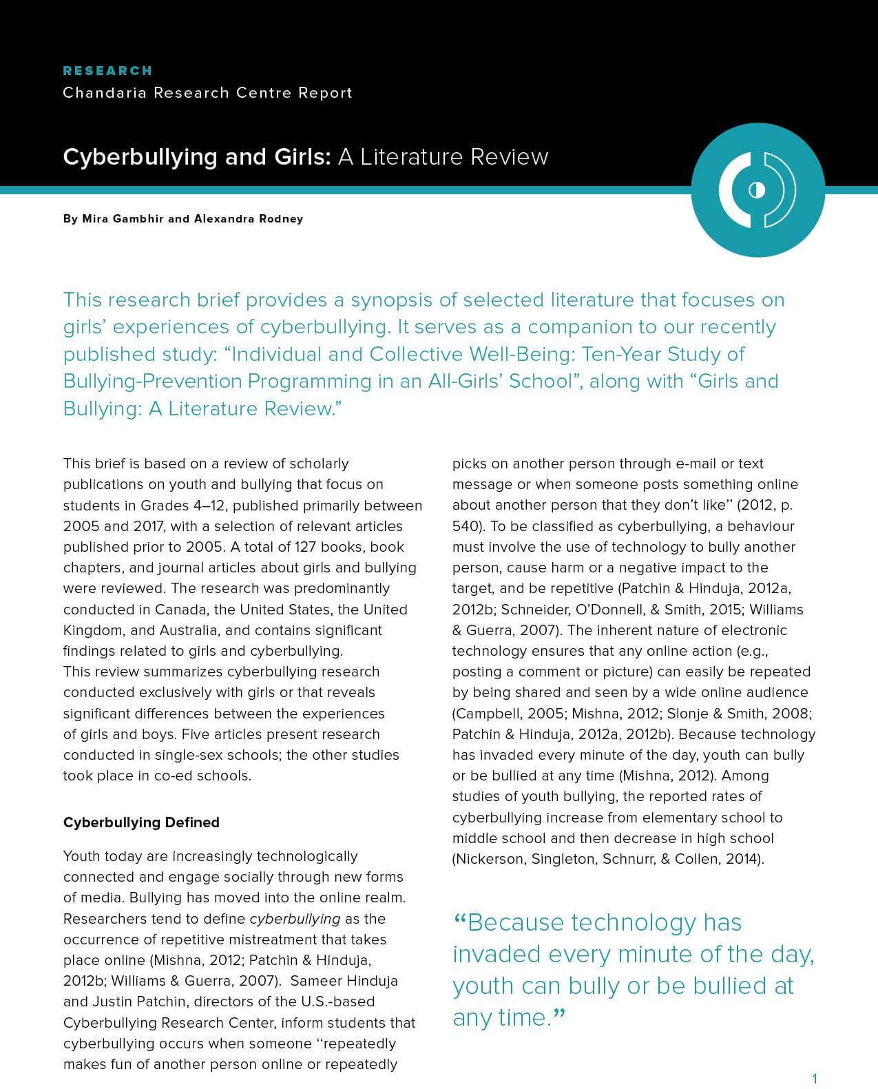 A research report titled "Cyberbullying and Girls: A Literature Review" explores key findings on cyberbullying and global education for girls, displayed with a blue sidebar and black header, published by Chandaria Research Centre.