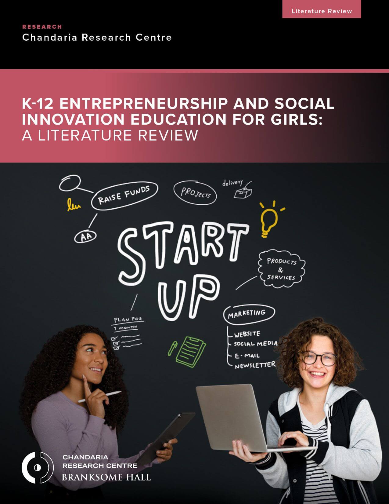 Two girls stand in front of a blackboard filled with startup doodles—light bulbs, charts, and "START UP." The cover, titled "K-12 Entrepreneurship and Social Innovation Education for Girls," highlights global education for girls on an urban campus in Toronto.