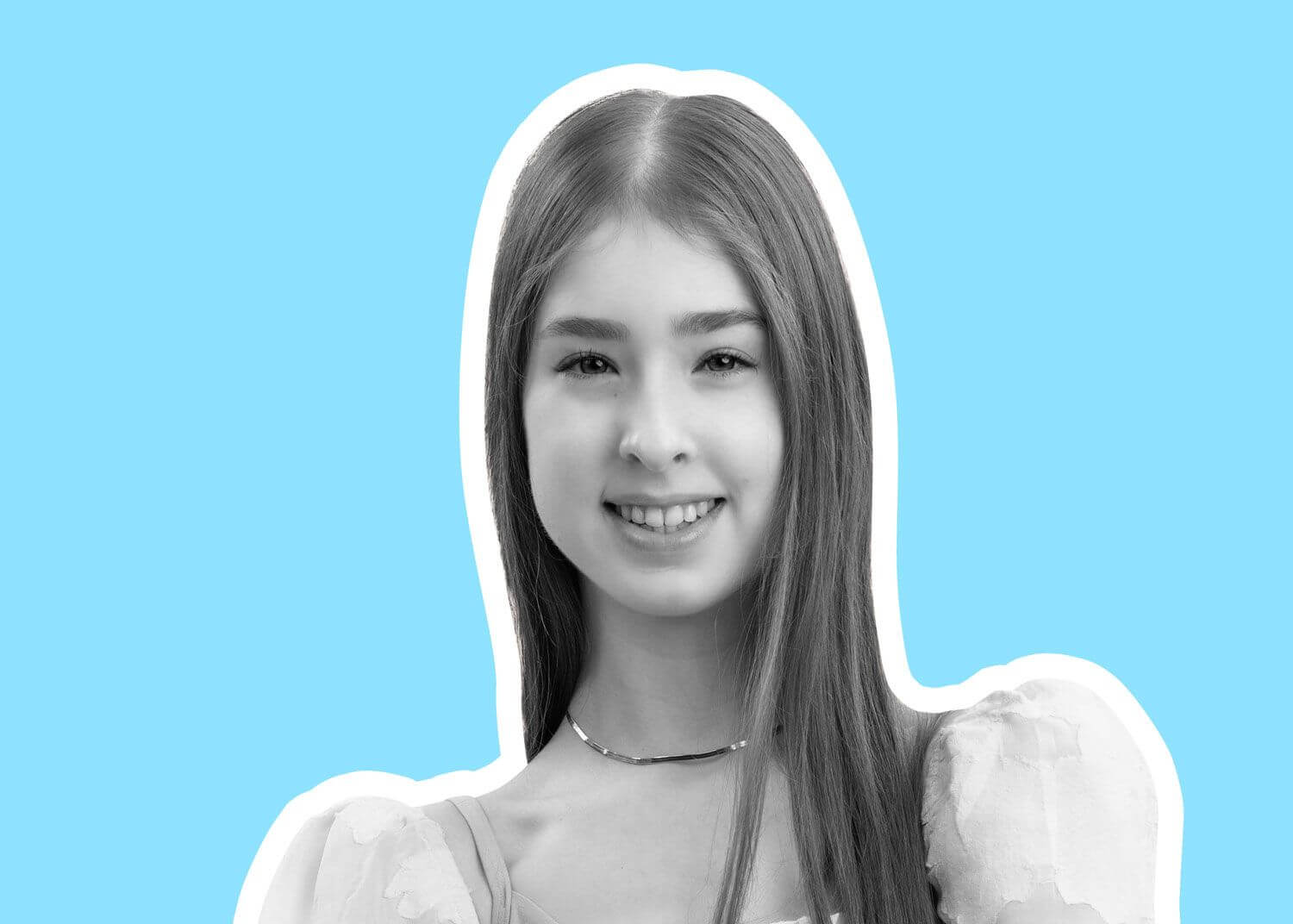 A young woman with long straight hair smiles at the camera. She is wearing a light-colored top and a thin necklace. The background is a solid light blue with a white outline, reflecting opportunities like scholarships for girls in global education.