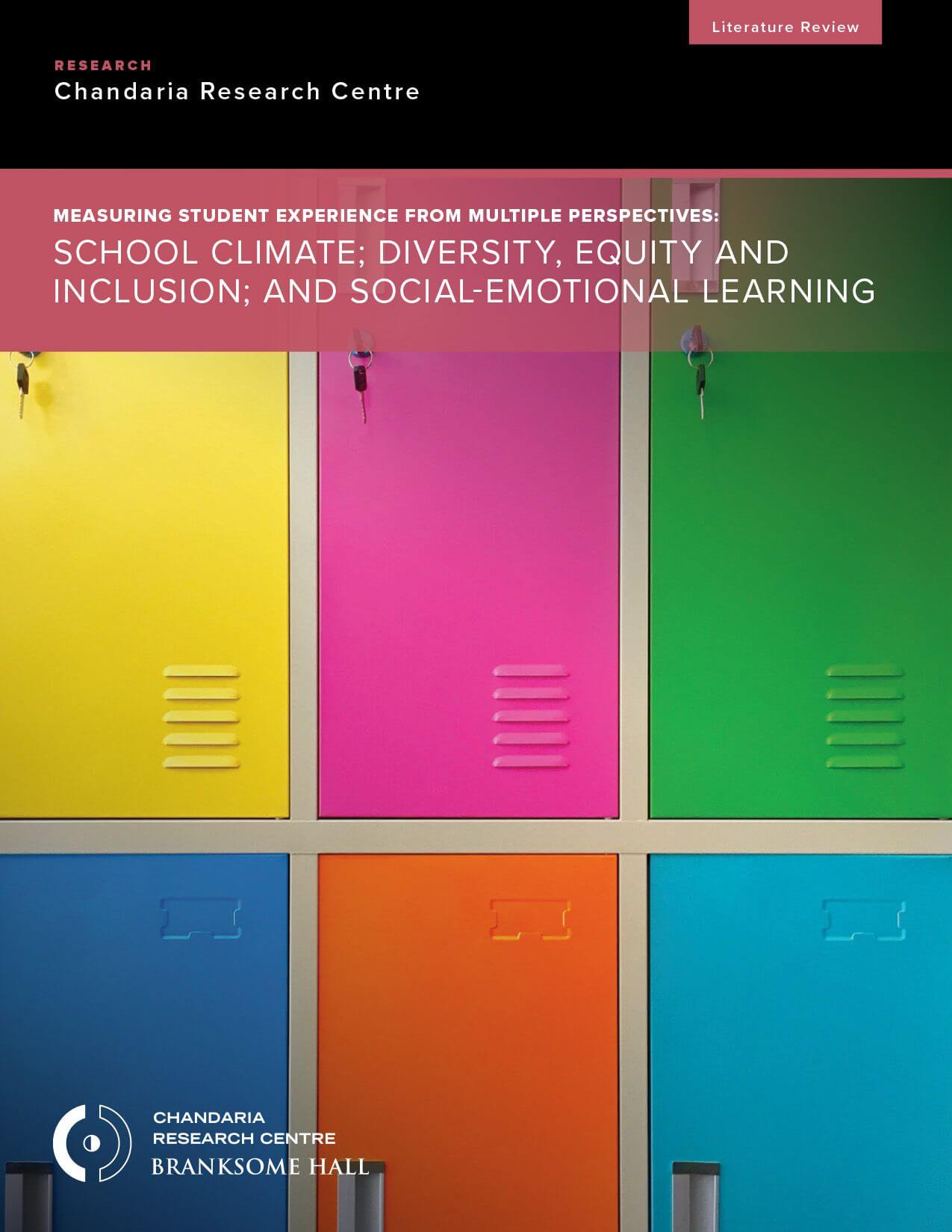 Colorful lockers in green, yellow, pink, blue, and orange with silver handles. Overlaid text discusses measuring student experiences in school climate and diversity at an IB Diploma Programme on an urban campus in Toronto.