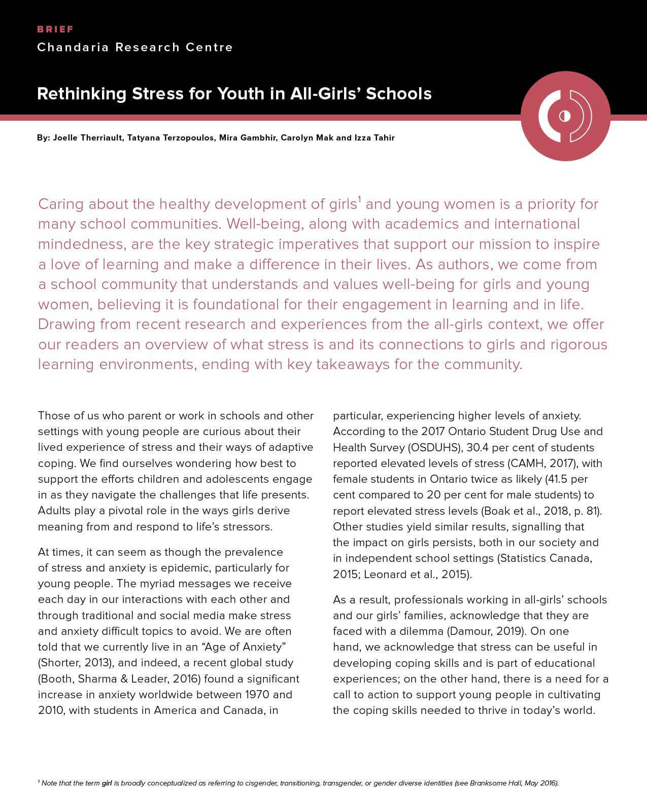 Page from a Chandaria Research Centre brief titled "Rethinking Stress for Youth in All-Girls' Schools." It features authors’ names, body text discussing girls’ well-being, and a red header with the York University logo on its urban campus Toronto.