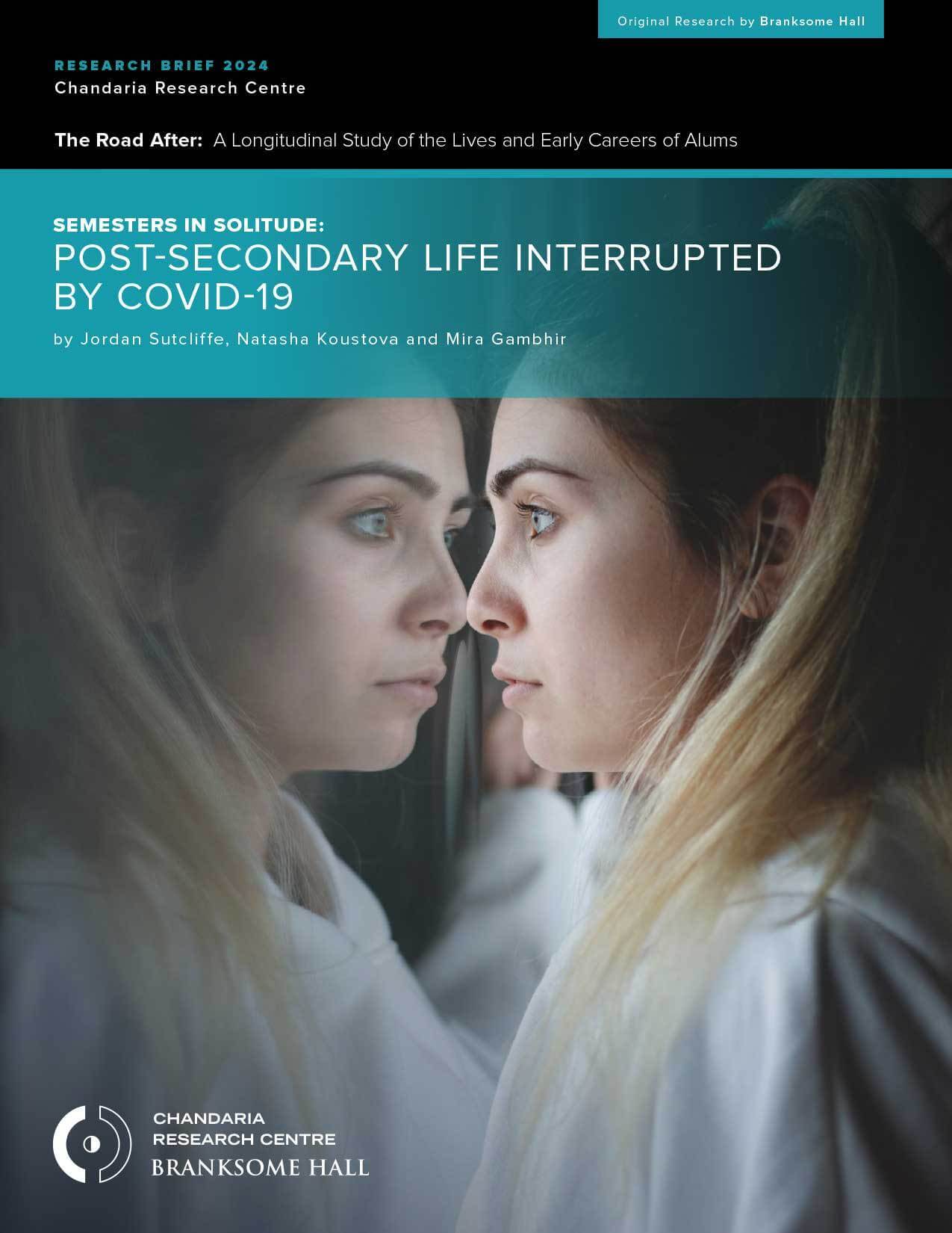 A young woman gazes out a window, her reflection visible in the glass. The cover text reads: "Semesters in Solitude: Post-Secondary Life Interrupted by COVID-19—Exploring Global Education for Girls.