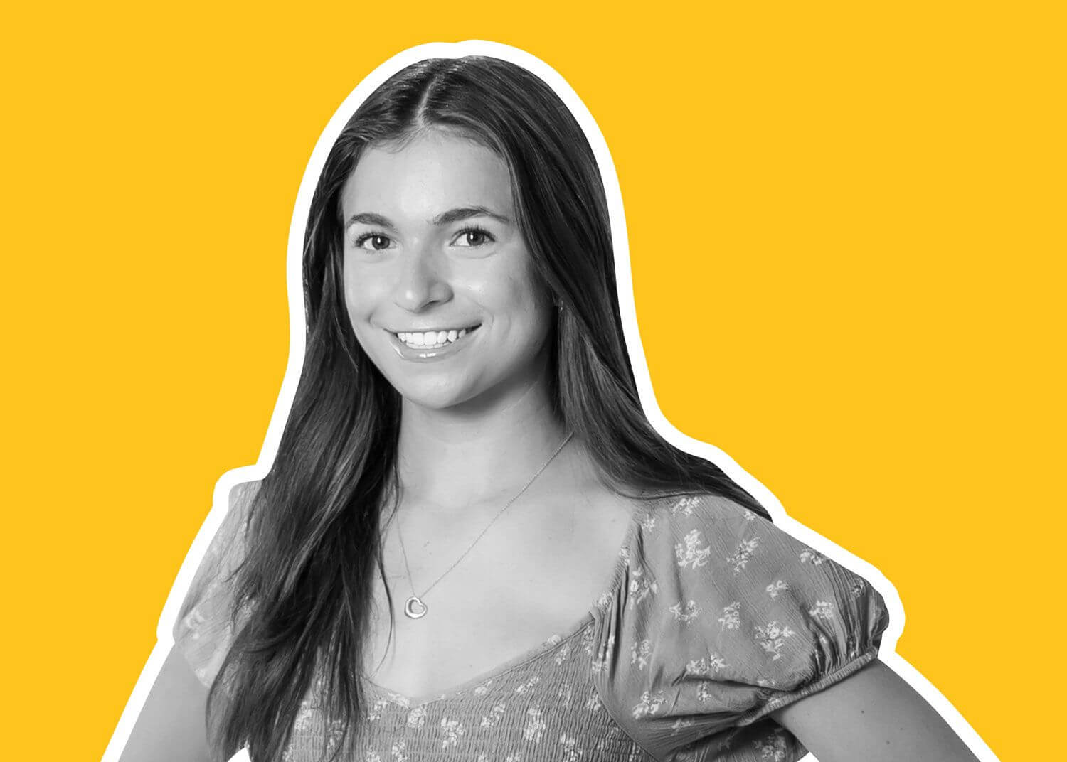 A young woman with long brown hair, wearing a short-sleeved, patterned dress and a necklace, smiles at the camera. The solid yellow background and white border highlight her—reflecting the spirit of global education for girls.