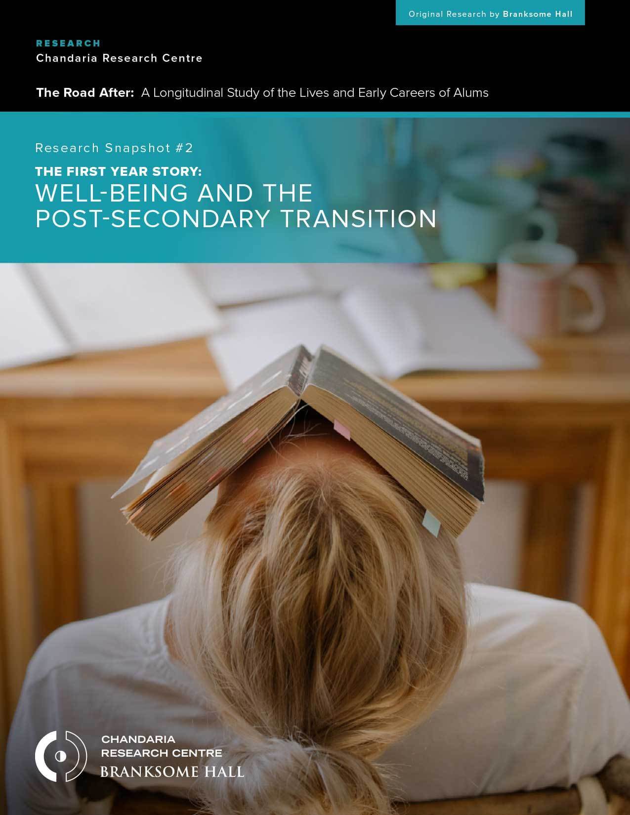 A person sits at a desk with an open book resting on their head, surrounded by books and a cup. The image is overlaid with text about a research snapshot on well-being and the post-secondary transition in the IB Diploma Programme.