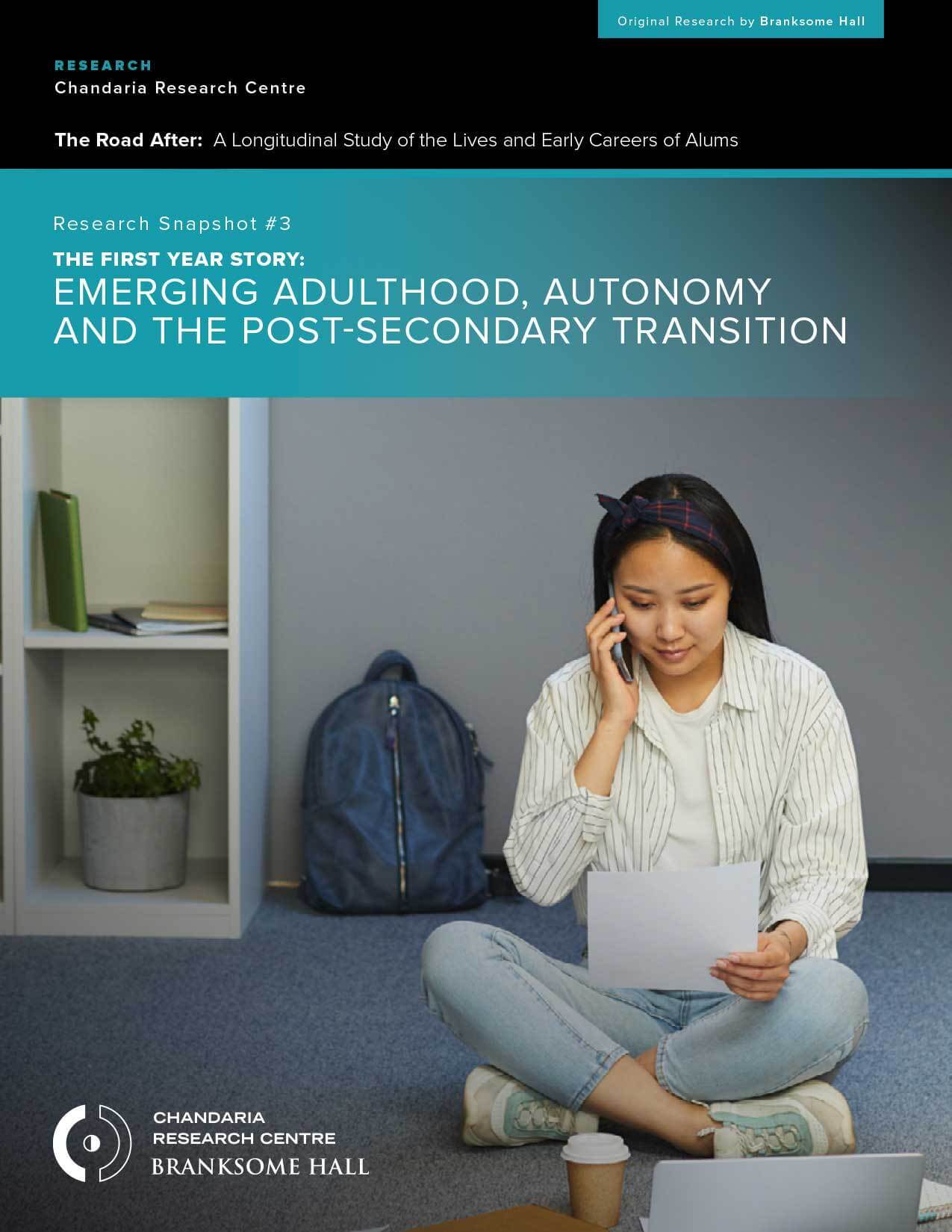 A young woman sits cross-legged on the floor, smiling as she talks on her phone, with a laptop on her lap and a backpack beside her. Text above reads, "Emerging Adulthood, Autonomy and the Post-Secondary Transition—Global education for girls.