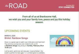 A holiday newsletter with green greeting text, "From all of us at Branksome Hall, we wish you and your family love, peace and joy this holiday season," highlights our urban campus Toronto and an event section with a Rainbow Songs logo featuring a rainbow and clouds.