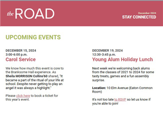 A website section titled "Upcoming Events" lists a Carol Service on Dec 15, 2024, and a Young Alum Holiday Lunch on Dec 19, 2024—both celebrating global education for girls on our urban campus in Toronto, with event times and RSVP details.
