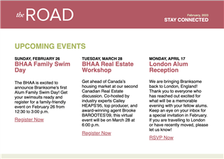 Branksome Hall Alum Association event flyer highlights three events—Family Swim Day, Real Estate Workshop, and London Alum Reception—with dates, details, and registration links. Discover our Urban campus Toronto and global education for girls.