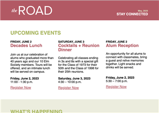 Screenshot of a newsletter section titled "UPCOMING EVENTS," listing Decades Lunch, Cocktails + Reunion Dinner, and Alum Reception—all highlighting our urban campus Toronto spirit and commitment to global education for girls. Each event has dates, details, and registration links.