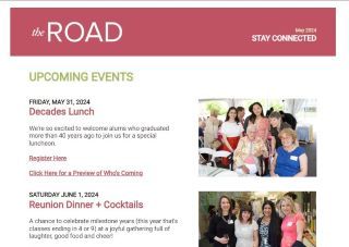 Screenshot of an alumni newsletter listing upcoming events, including a Decades Lunch and Reunion Dinner + Cocktails, with images of women—many alumnae of the IB Diploma Programme—smiling and gathering to celebrate global education for girls.