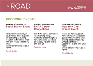 Event flyer titled "the ROAD" featuring three upcoming events: Seoul Branch Event on Nov 14, BHAA Career Connections on Nov 22, and New York City Branch Event on Dec 1. Includes RSVP and registration details, plus info on scholarships for girls.
