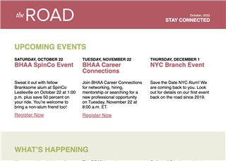 A newsletter section lists three upcoming events: a SpinCo fitness event on October 22, Career Connections on November 22, and an NYC Branch Event on December 1. Each highlights opportunities like scholarships for girls, event details, and registration links.