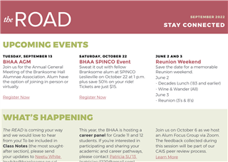 A newsletter page highlights upcoming events: BHAA AGM, BHAA SPINCO Event, and Reunion Weekend, with dates and descriptions. A "What’s Happening" section below spotlights news like Scholarships for girls and updates from our urban campus Toronto.