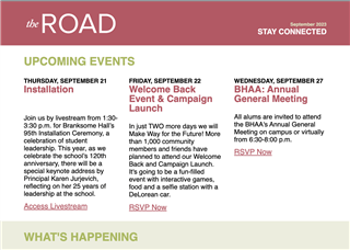 A newsletter titled "the ROAD" highlights upcoming events: an Installation livestream, a Welcome Back Event, and the BHAA Annual General Meeting, featuring opportunities like scholarships for girls. Includes brief descriptions, dates, and RSVP or livestream links.