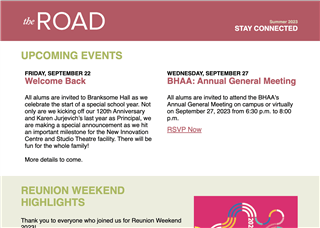 A newsletter page highlights upcoming events, including a Welcome Back event on September 22 and the BHAA Annual General Meeting on September 27, plus Reunion Weekend highlights—showcasing our commitment to global education for girls.