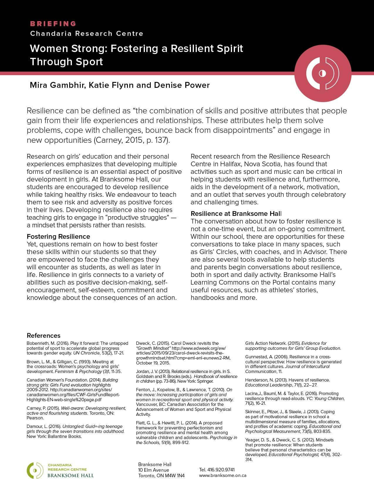 A research brief discusses fostering resilience through sport, featuring a highlighted quote, sections on fostering resilience and the importance of challenge, and a photo of two young soccer players, reflecting global education for girls, running together on a grassy field.