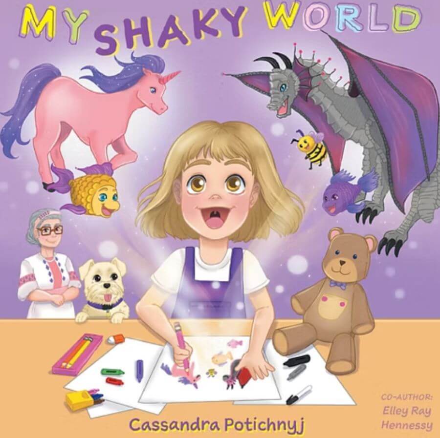 A young girl, surrounded by drawings, looks up in awe as fantasy creatures like a unicorn, dragon, bee, and lion appear above her. An older woman, dog, and teddy bear sit nearby. The title "My Shaky World" is at the top.