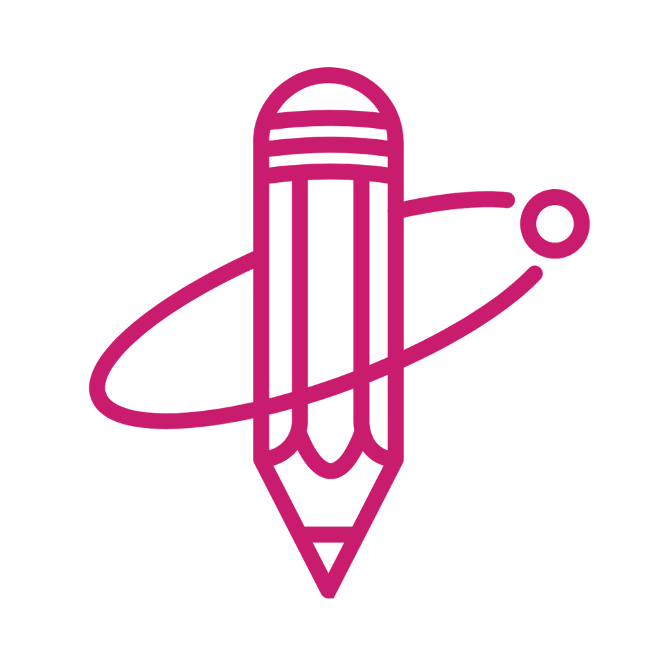 A pink outline of a pencil with an orbit-like ring and a small circle around it, resembling an atom, on a transparent background.