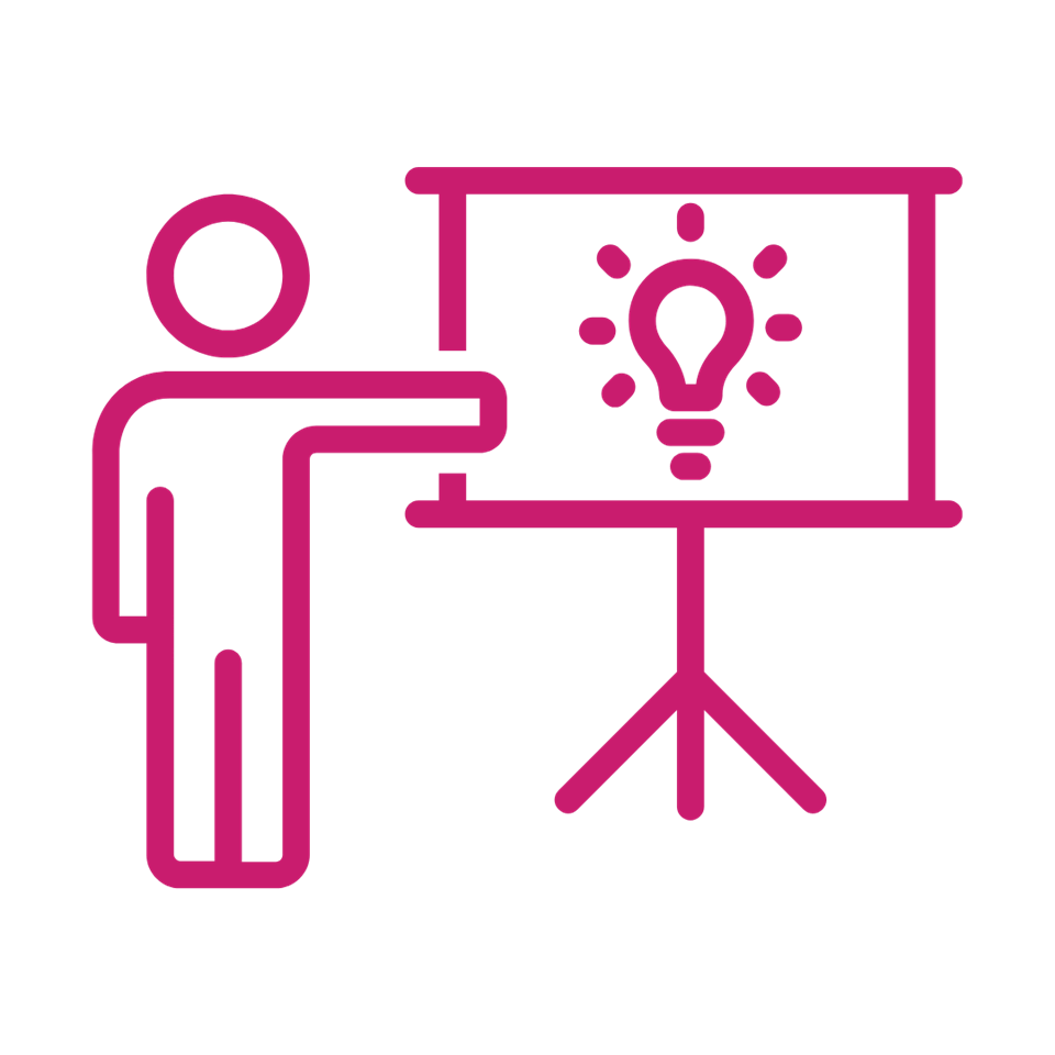 A pink line drawing of a person pointing to a presentation board displaying a light bulb, symbolizing an idea or concept.