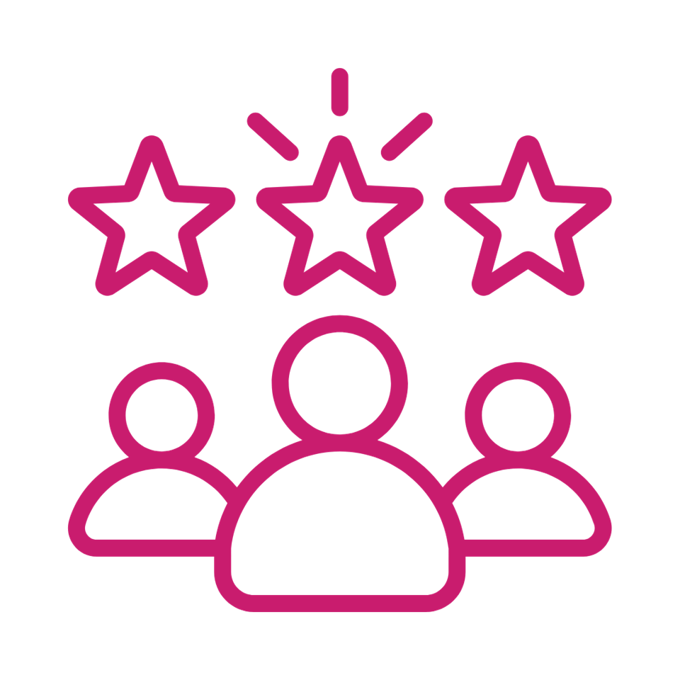 Three outline figures with three stars above them, with the center star highlighted by lines. All elements are drawn in pink. The image represents teamwork, excellence, or recognition.