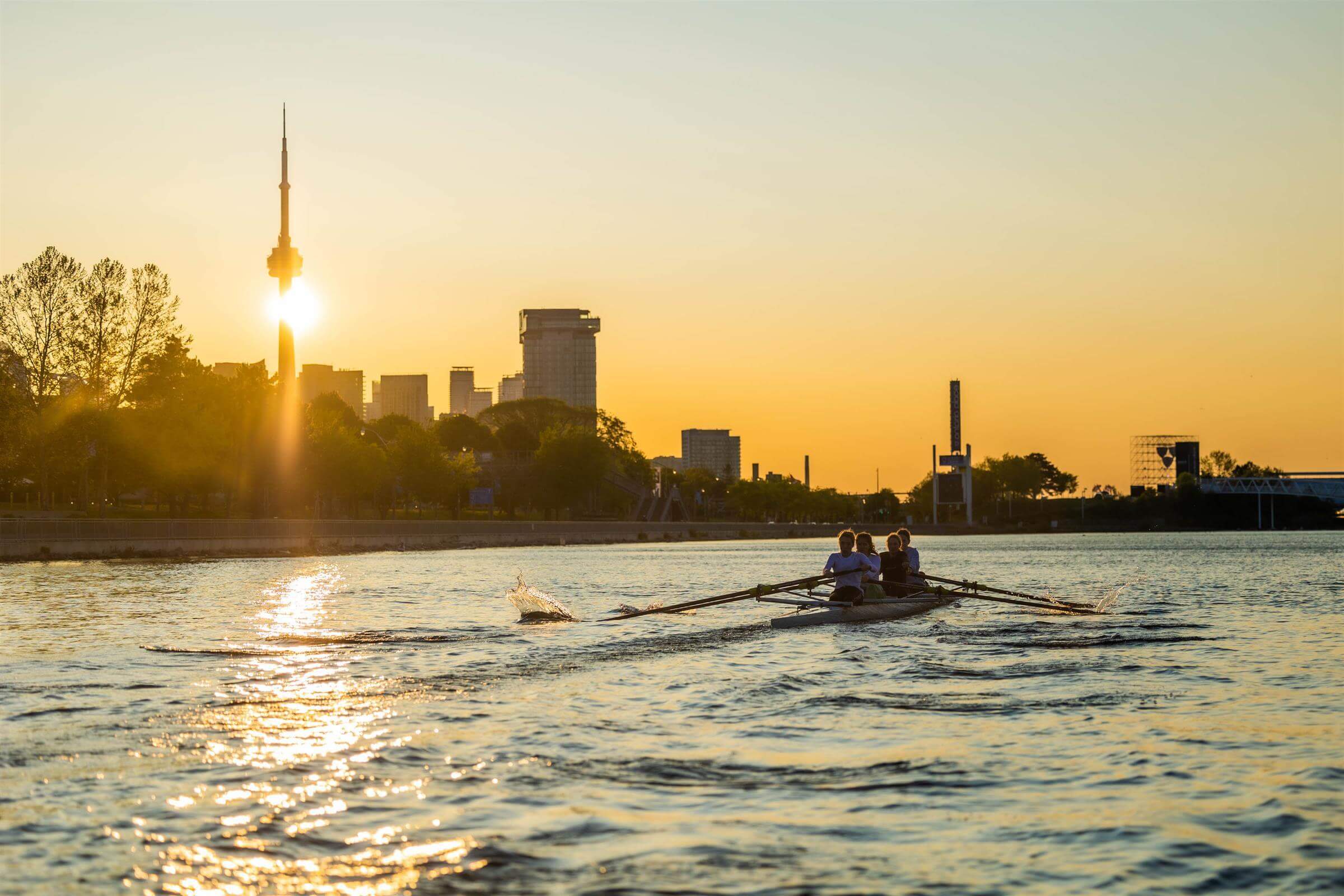 A team of rowers glides across a river at sunset, with the city skyline and the CN Tower visible in the background under a golden sky.