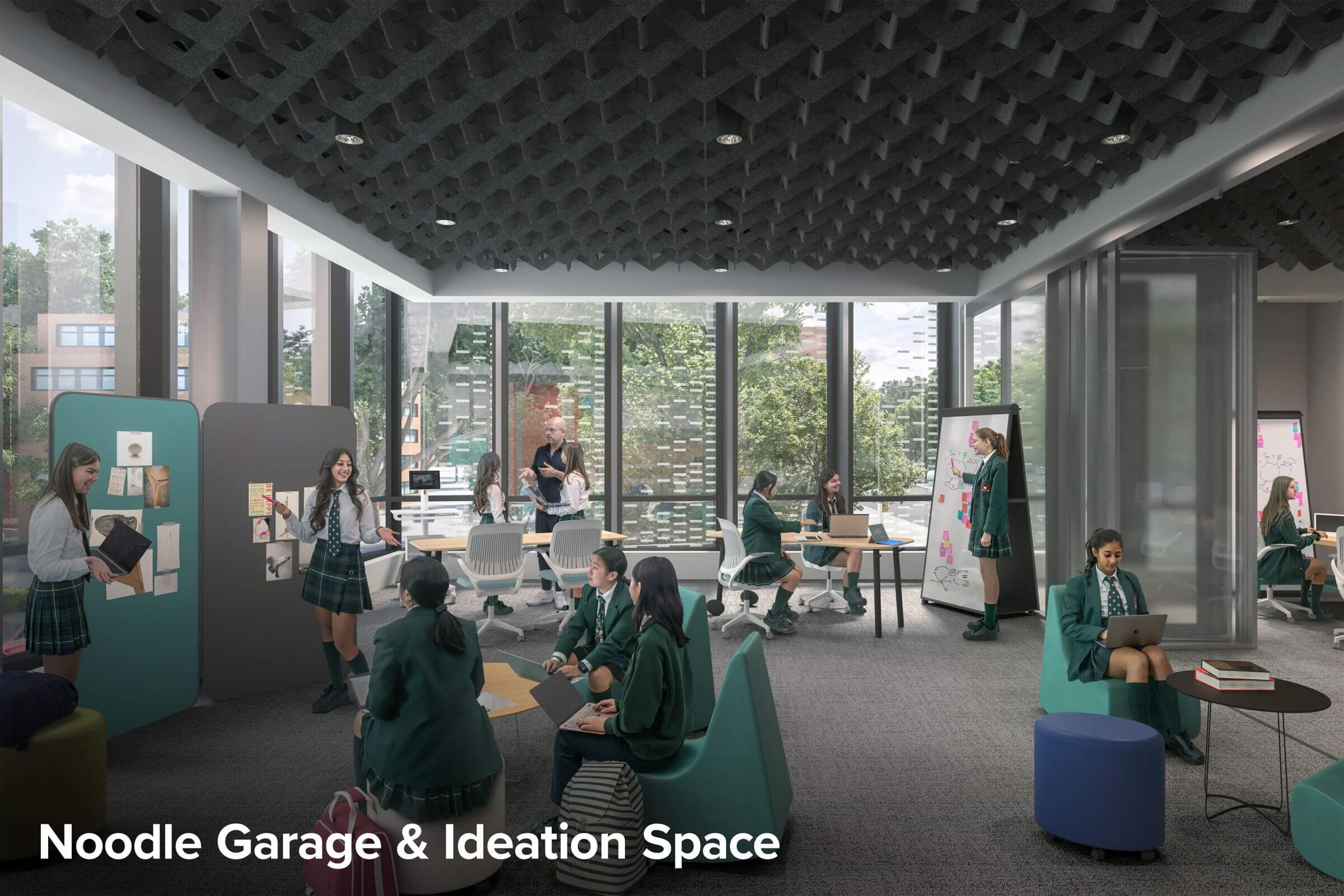 Students in school uniforms collaborate and work on creative projects in a bright, modern classroom with large windows, comfortable seating, and partition panels. The text reads: "Noodle Garage & Ideation Space.