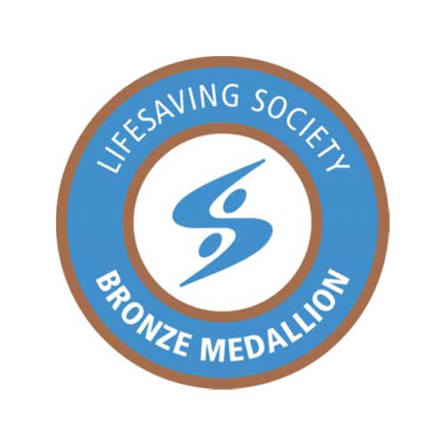 A circular badge with a blue center and brown border, featuring the words "Lifesaving Society Bronze Medallion" around a stylized swimming figure logo.