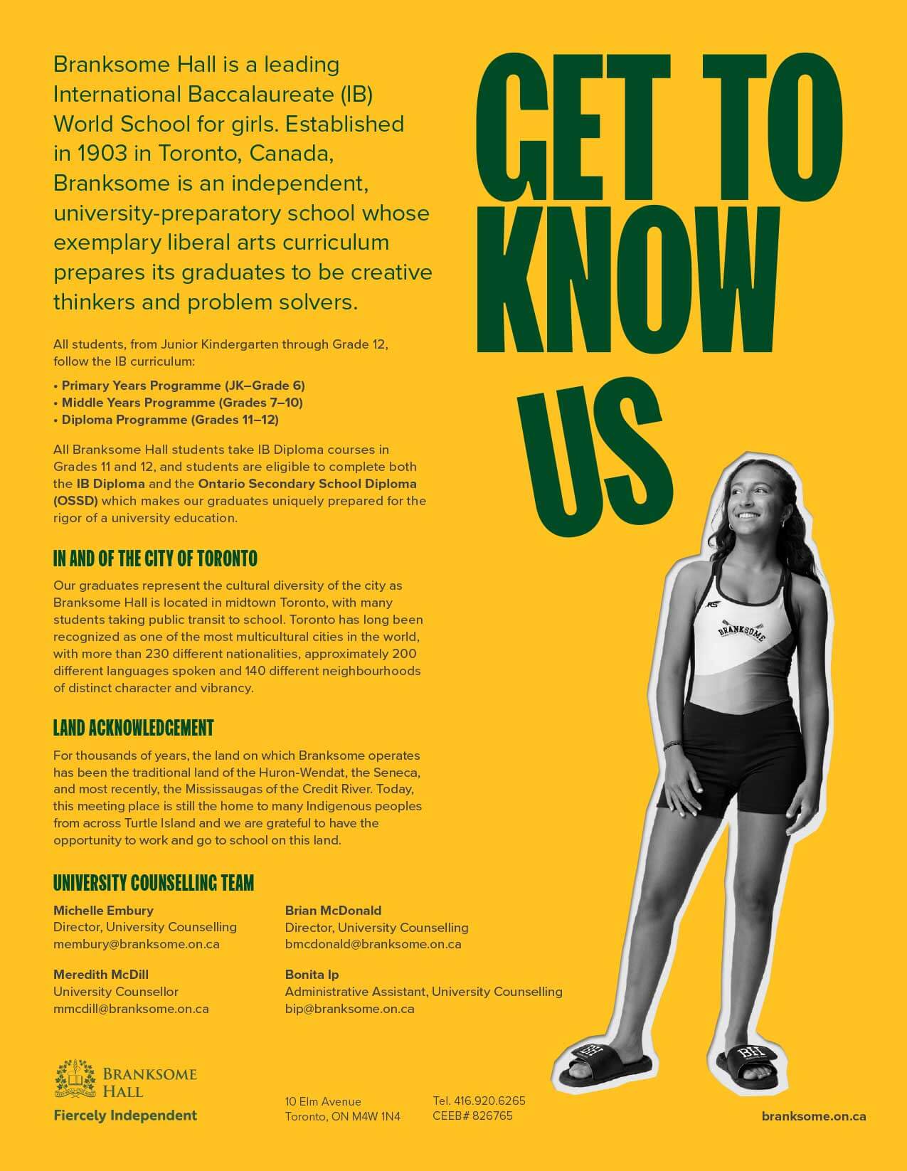 A confident girl in sportswear stands smiling beside bold text reading “GET TO KNOW US” on a yellow background. Information about Branksome Hall’s IB programs and contact details appear to the left in white and black text.