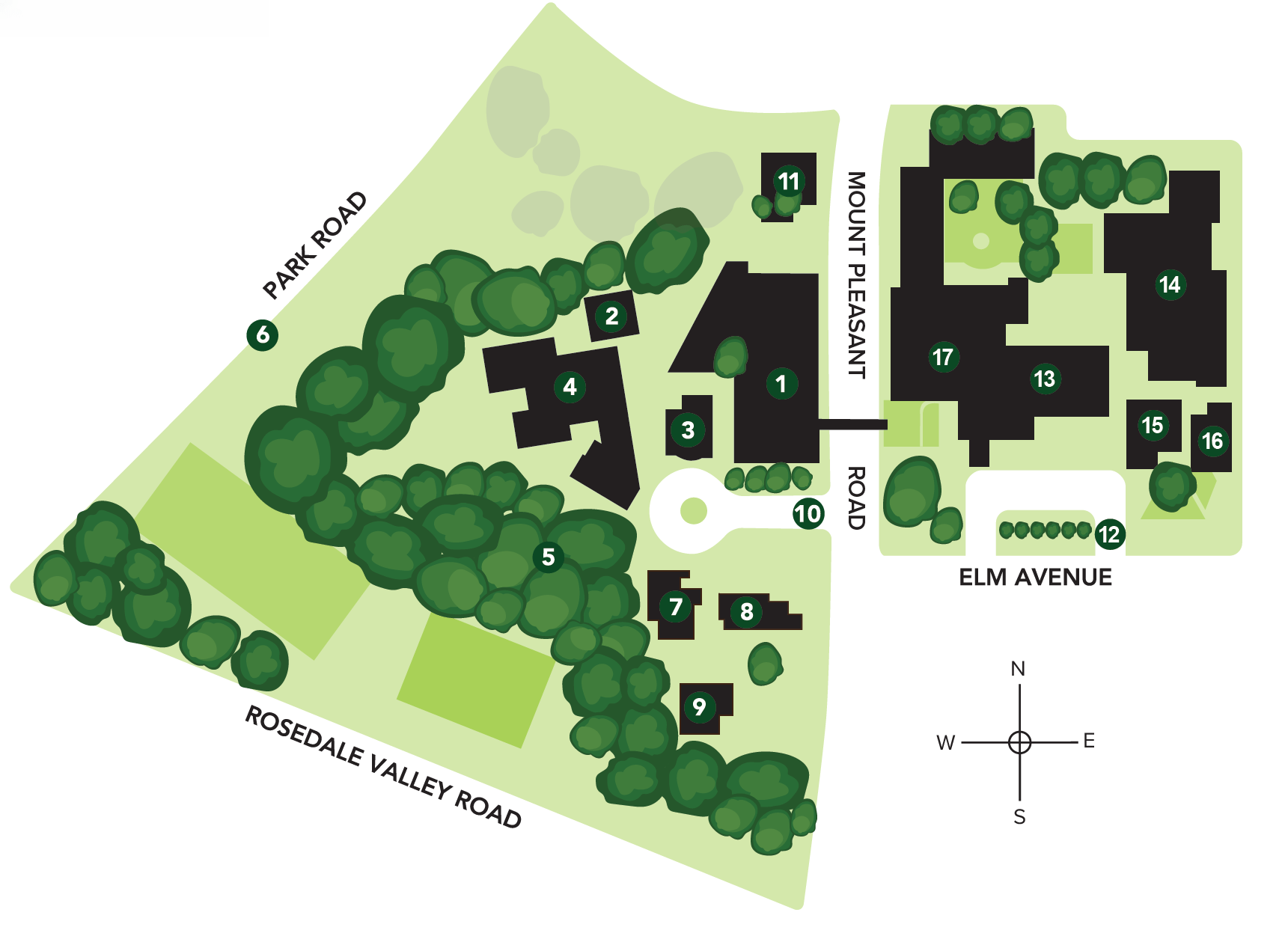 A campus map showing multiple buildings labeled 1–17, with trees and paths. Roads shown are Park Road, Mount Pleasant Road, Elm Avenue, and Rosedale Valley Road. A compass in the lower right indicates directions.