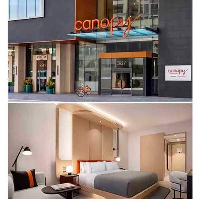 Top: Exterior of Canopy hotel with modern glass entrance and orange signage. Bottom: Interior view of a stylish hotel room with a large bed, modern lighting, and contemporary decor in neutral tones with orange accents.