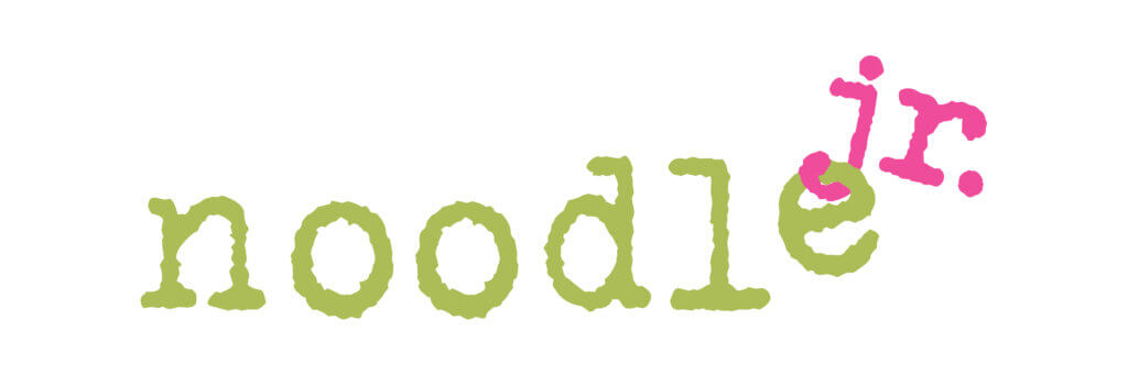 The word "noodle" is written in light green lowercase, with "jr." in smaller, pink cursive letters angled above the “e” at the end. The font has a playful, irregular style.