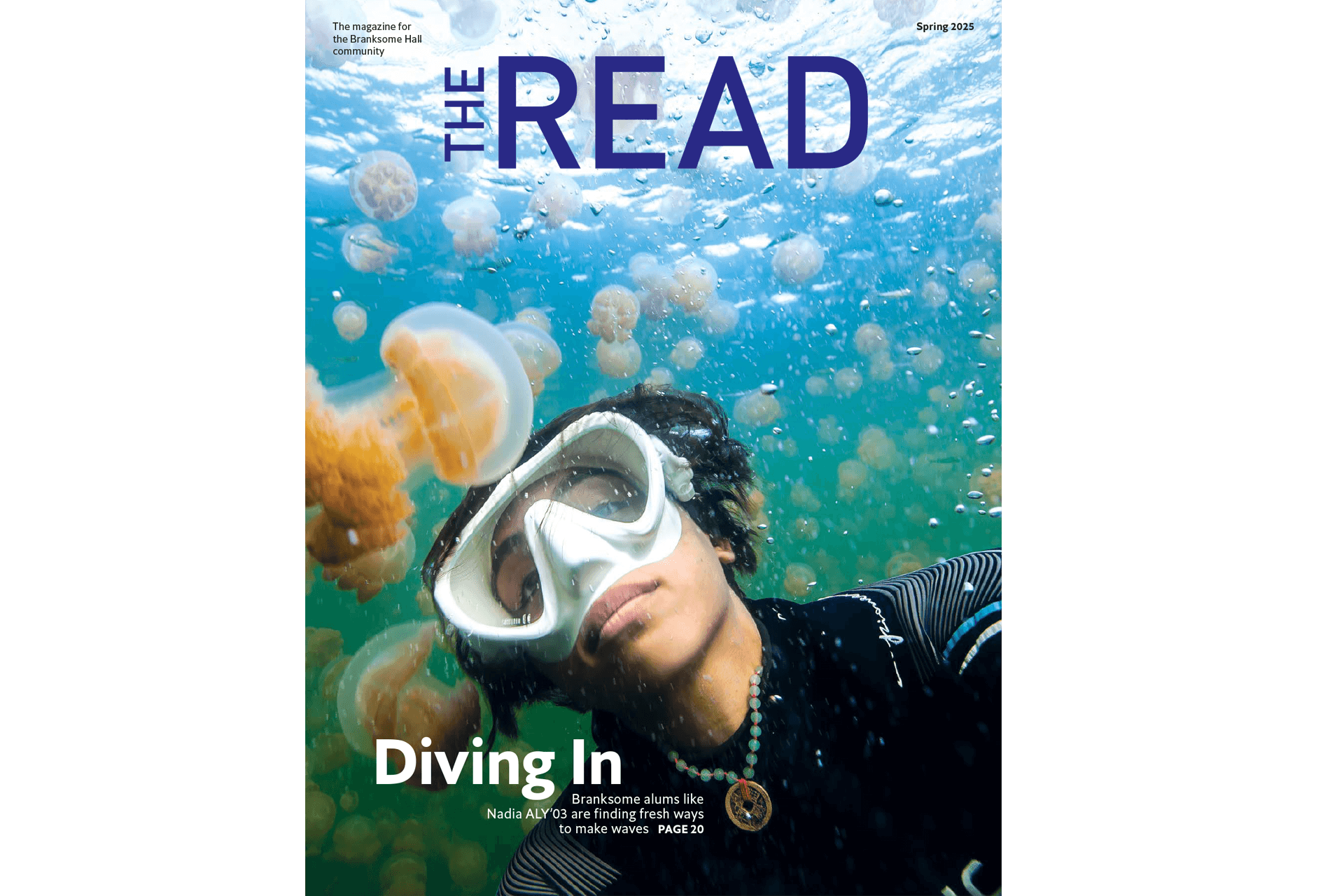 A person in snorkeling gear swims underwater among numerous jellyfish, with light streaming from above. The magazine title "THE READ" and the headline "Diving In" are overlaid on the image.