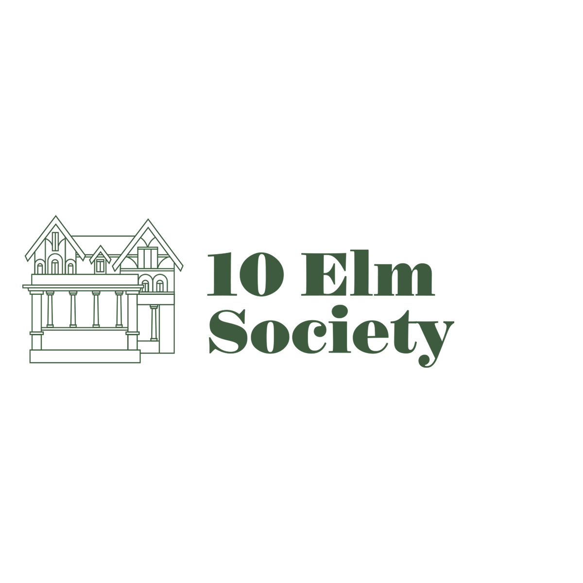 A green rectangle with a white outline of a house featuring columns, gabled roofs, and a front porch on the left side; the right side is blank.