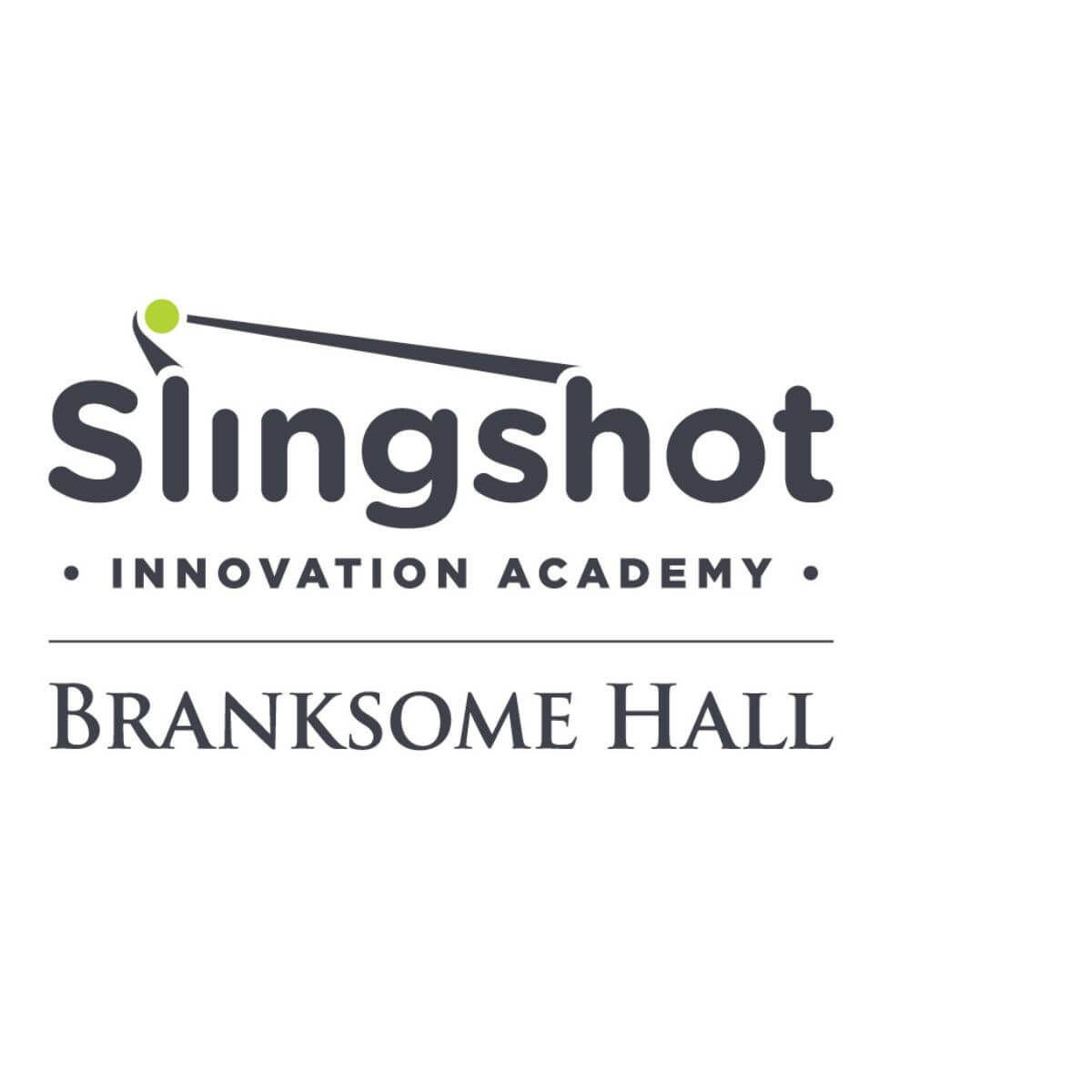Logo for Slingshot Innovation Academy at Branksome Hall, with the word "Slingshot" featuring a graphic of a slingshot launching a green dot above the letters.