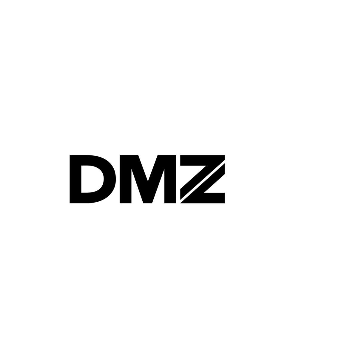 The image shows the bold, black letters "DMZ" centered on a white background. The letter "Z" has two diagonal lines, creating a stylized look.