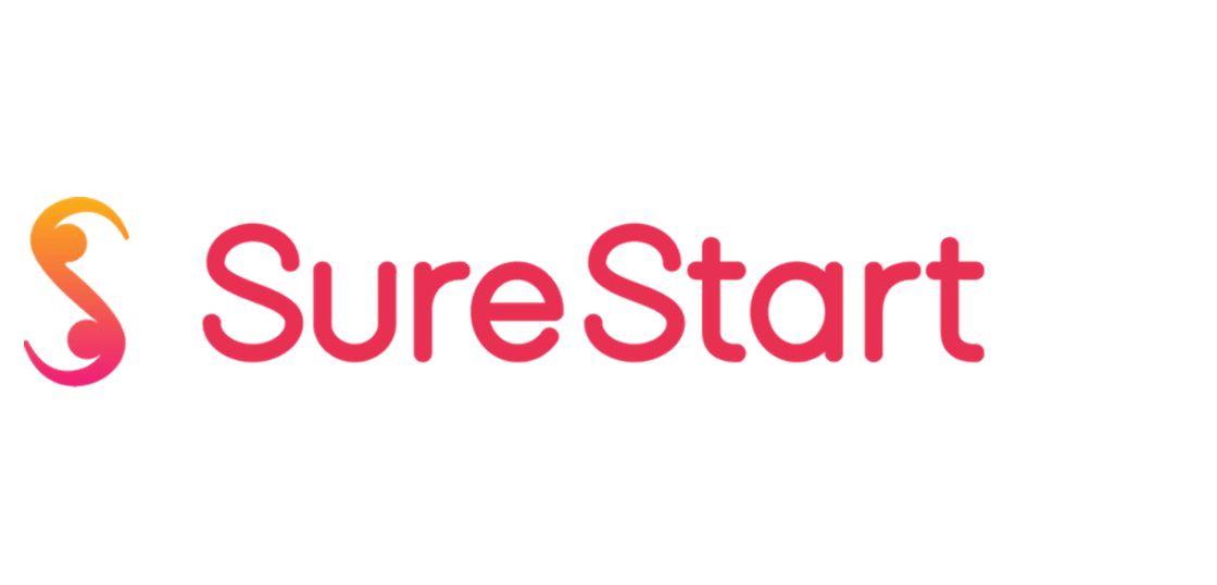 Logo with the words "Sure Start" in red, accompanied by a stylized image of an adult holding a child's hand on the left side.