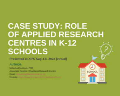 Green slide titled “Case Study: Role of Applied Research Centres in K-12 Schools” with event and author info. Includes a small cartoon of a school building and a lightbulb with gears.