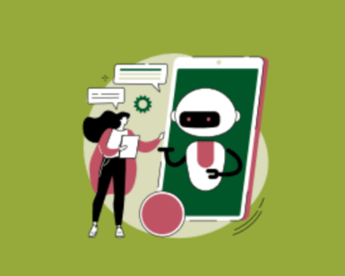 Illustration of a woman holding a clipboard and talking to a friendly robot on a large smartphone screen, with speech bubbles and gears on a green background.
