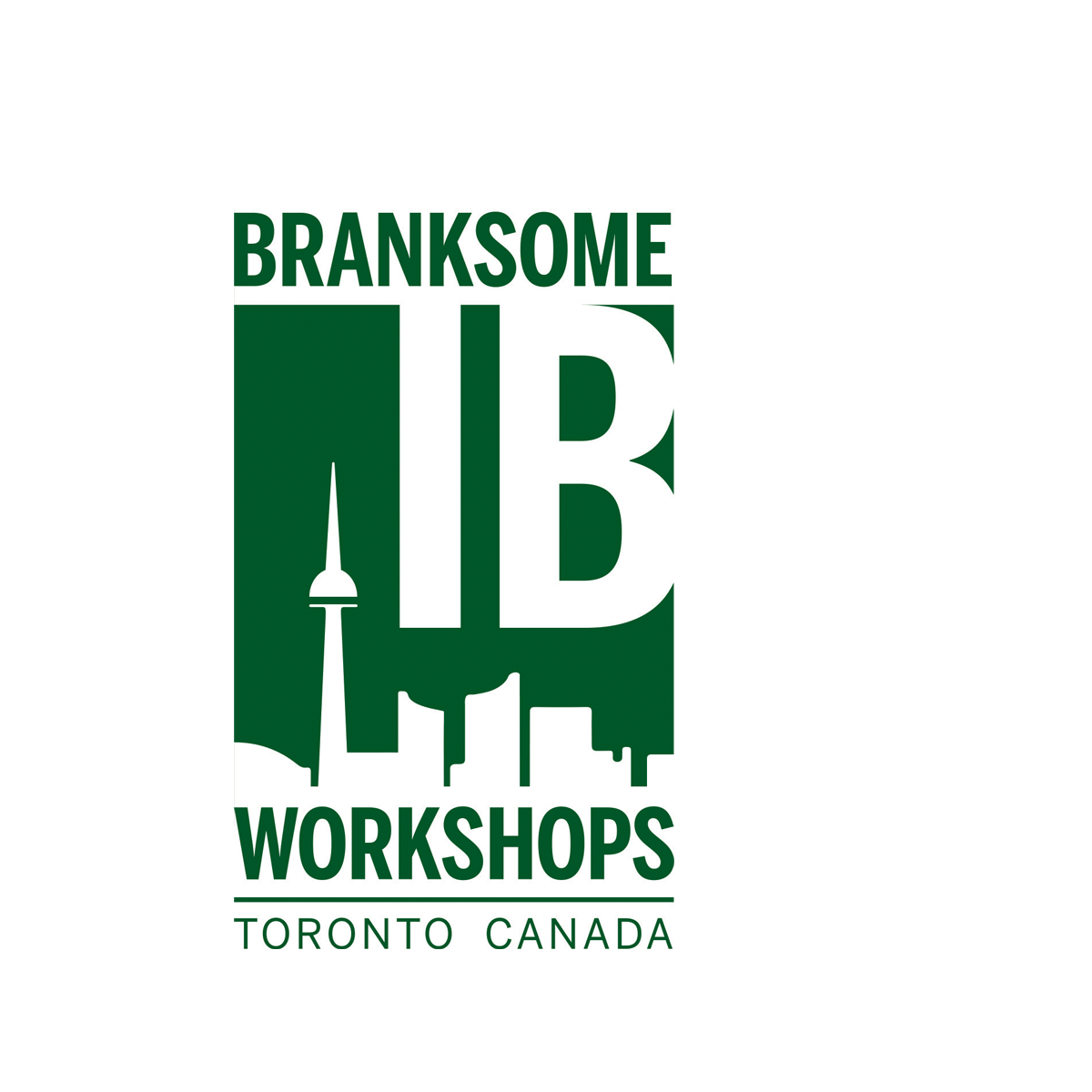Green and white logo with the text "Branksome IB Workshops Toronto Canada," featuring the Toronto skyline and CN Tower integrated into the design.