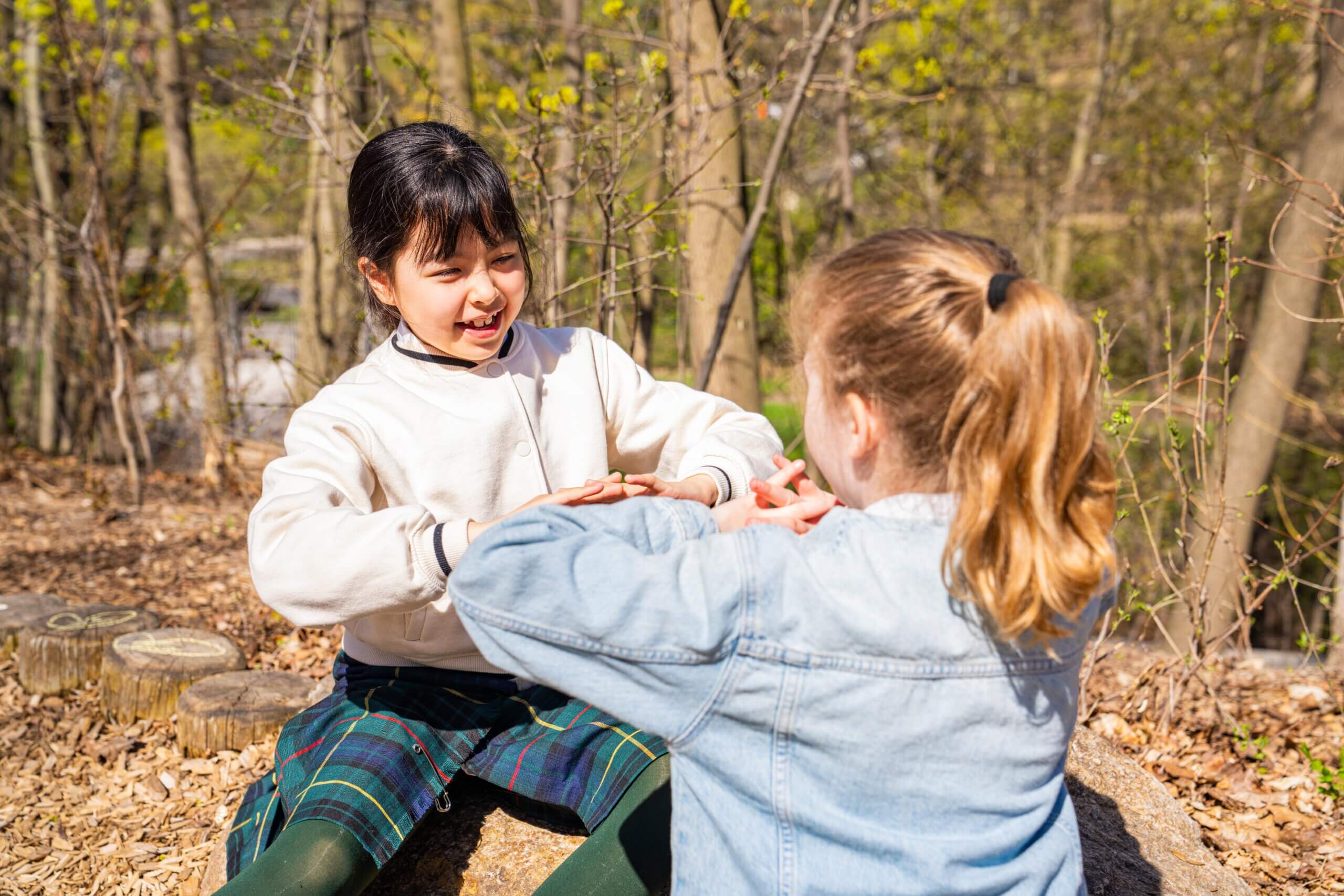 Two young girls sitting outdoors on a sunny day, playing a hand-clapping game on a tree stump, surrounded by trees and fallen leaves. One girl faces the camera, smiling, while the other faces away.