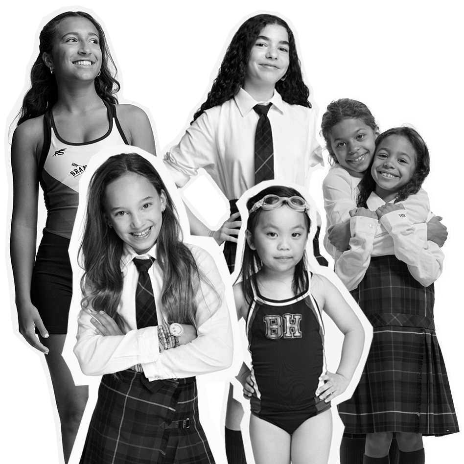 Six girls of various ages pose together, wearing a mix of school uniforms and athletic outfits, including plaid skirts, ties, and swimsuits. They are smiling and standing closely, showing friendship and confidence.