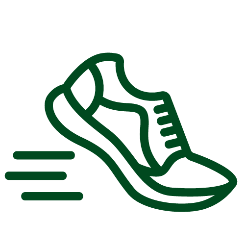Green outline of a running shoe with three motion lines behind it, symbolizing speed or movement, on a transparent background.