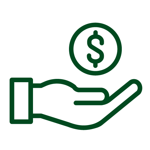 A green outlined icon of an open hand facing upward with a dollar sign inside a circle above the palm, symbolizing receiving or offering money.